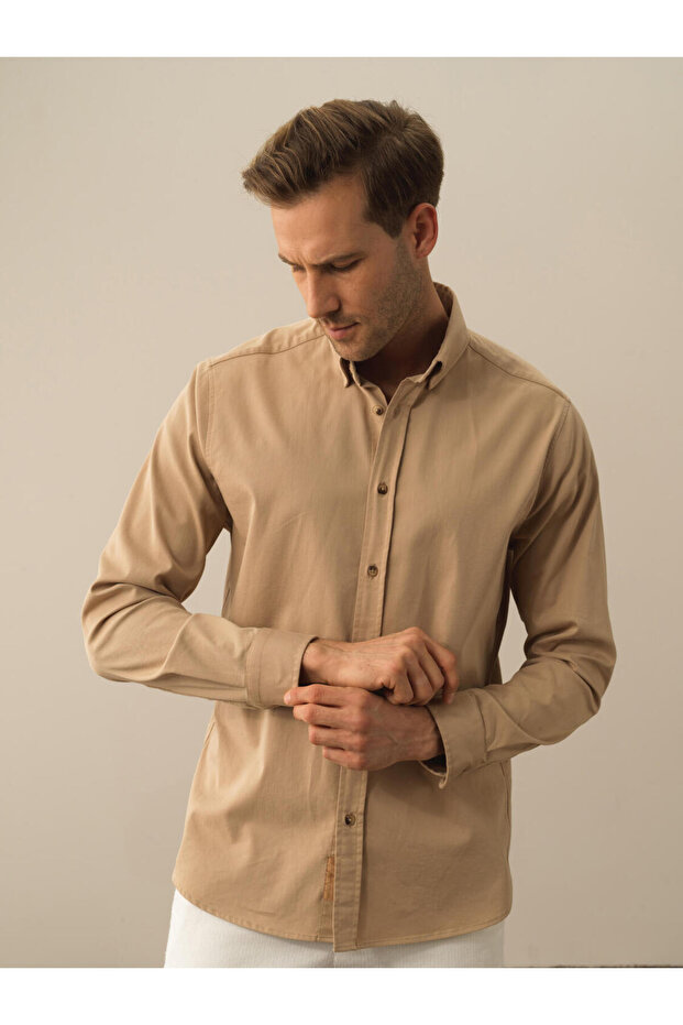 Erkek Bej Regular Fit Basic Gömlek - 2