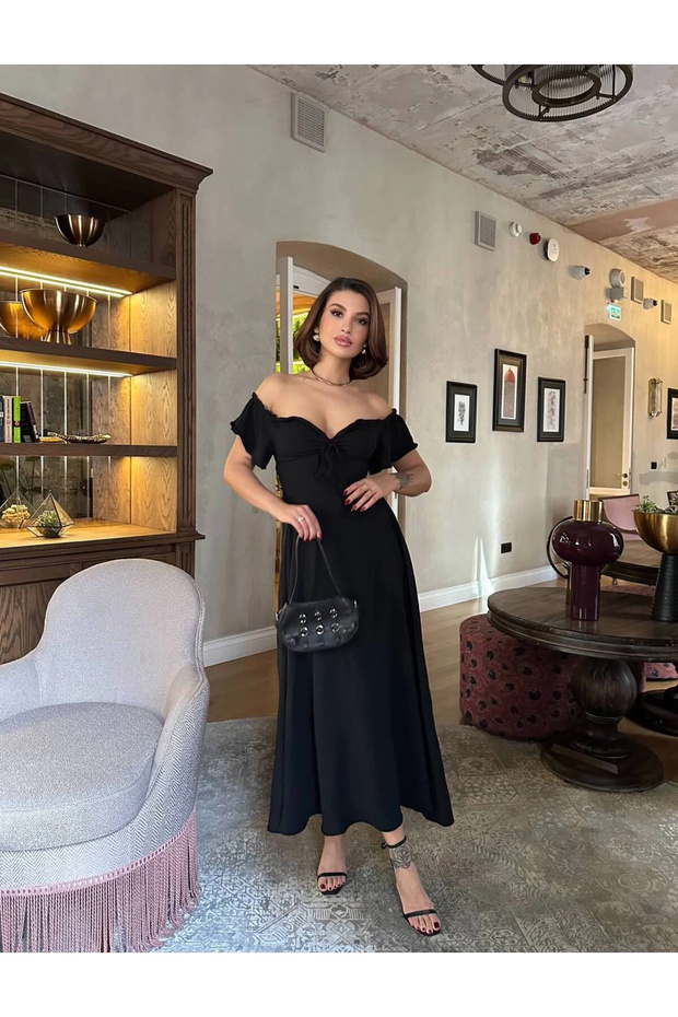 Off-Shoulder Siyah Maxi Elbise - 3