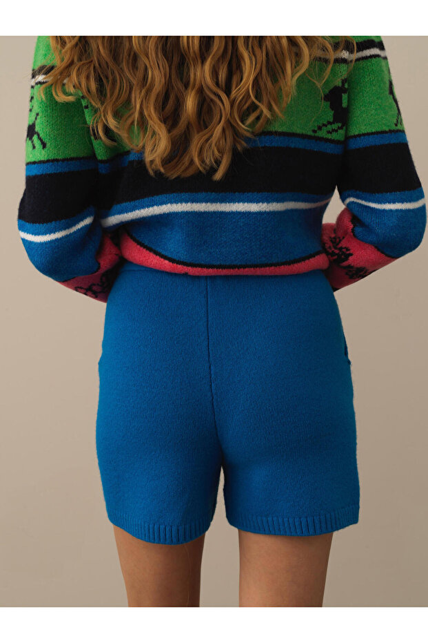 Kadın Mavi Regular Fit Yünlü Triko Şort - 4