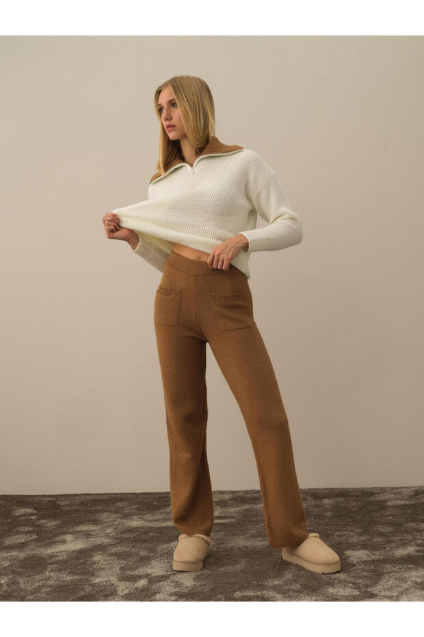 Kadın Camel Lüks Pamuk Dokulu Regular Fit Pantolon - 1