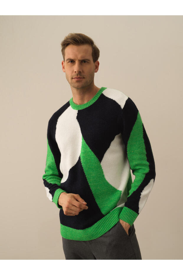 Erkek Yeşil Lüks Pamuk Dokulu Regular Fit Kazak - 1