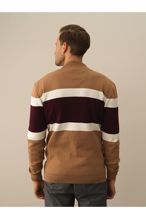 Erkek Camel Regular Fit Çizgili Hırka - 4