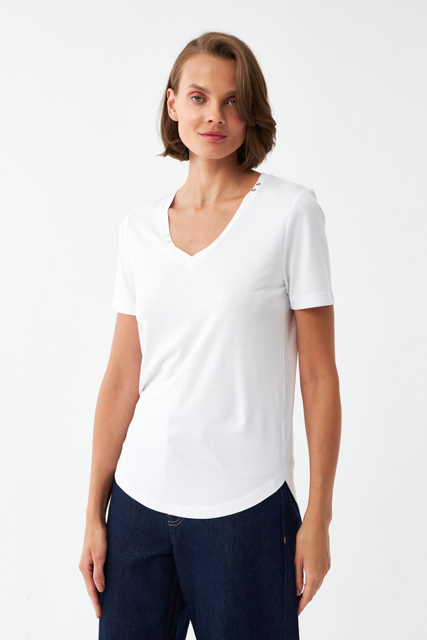 V Yaka Basic Tişört - 3