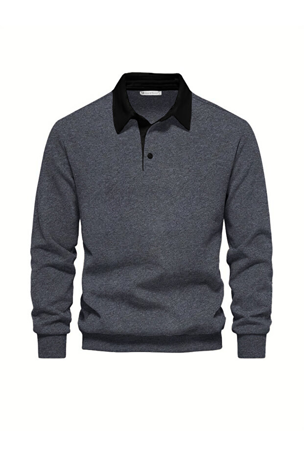 Ghassy Co. Men's Retro Color Blocked Cotton Shirt Collar Sweatshirt