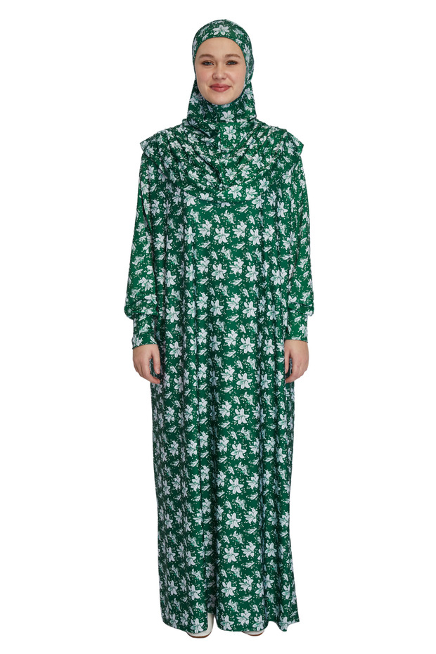 Magnolia Patterned Self Hijab Prayer Dress - Batwing Sleeves, Zipperless, Four Seasons - Emerald