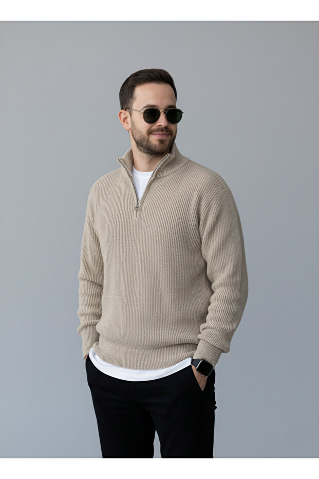 Stone Color Knitwear Half Zipper Thick Sweater