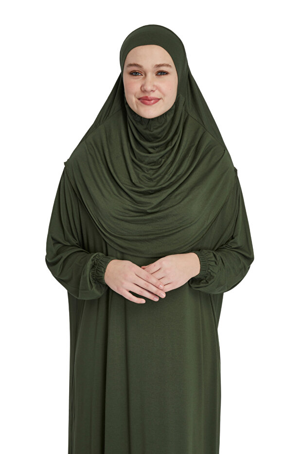 Comfortable Wear Organic One-Piece Prayer Dress with Practical Headscarf - Khaki