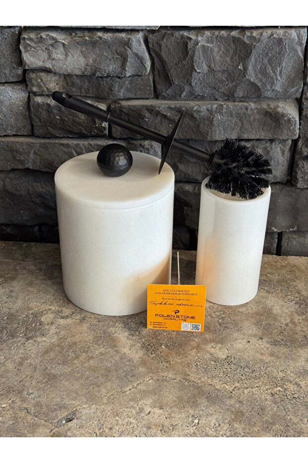 سلة المهملات من الرخام الأبيض، مقبض رخامي وحامل فرشاة، مجموعة من 2