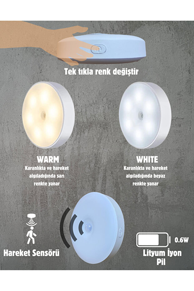 6 Adet 2 Renkli Hareket Sensörlü Usb Şarj Edilebilir Led Işık Dolap Içi Gece Lambası - 3