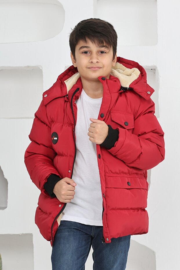 Boy's Winter Fleece-Lined Thick Fiber-Filled Waterproof Hooded Coat Jacket