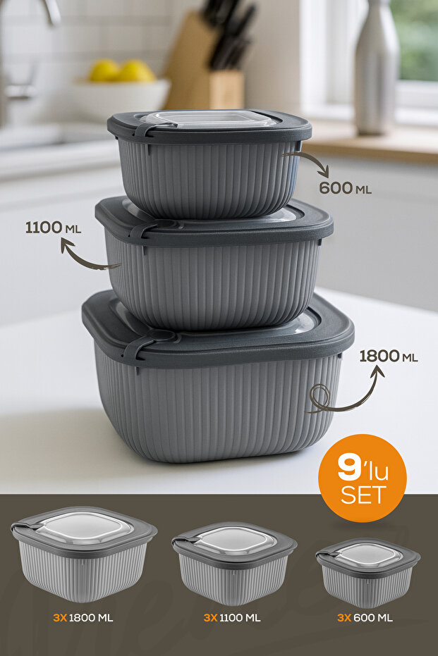 9-Piece 3X(600-1100-1800 ml) Special Storage Container Set with Vip Lids, Suitable for Microwave and Refrigerator, Anthracite