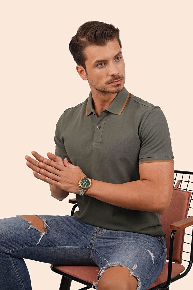 Khaki Tan Collar Striped Men's Polo Neck T-Shirt