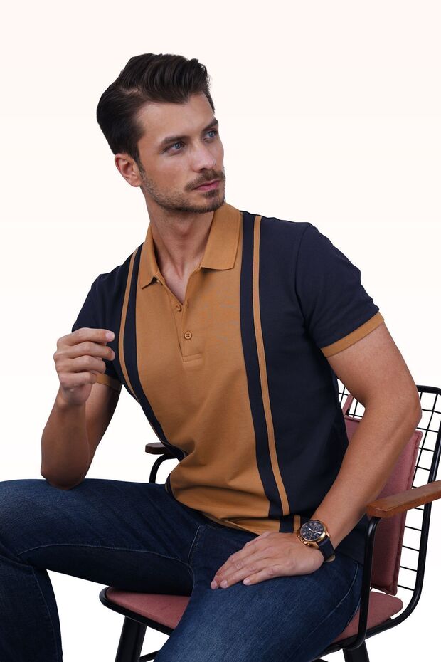 Navy Blue Mustard Double Color Men's Polo Neck T-Shirt