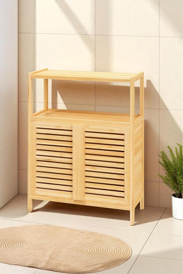 Bambu Çift Kapaklı 2 Raflı Banyo Düzenleyici Organizer Yatay Dolap DB-0038-HYT - 4