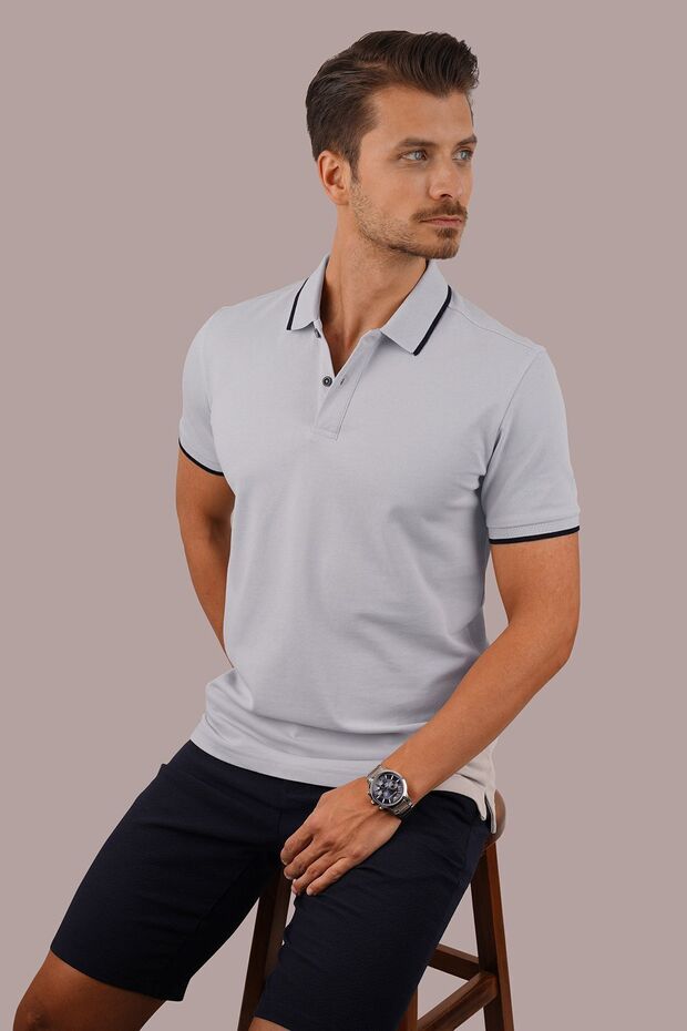 Gray Navy Blue Collar Striped Men's Polo Neck T-Shirt