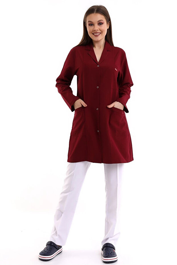 Doctor Teacher Women's Apron Intermediate Size Jacket Collar - 19 Claret Red