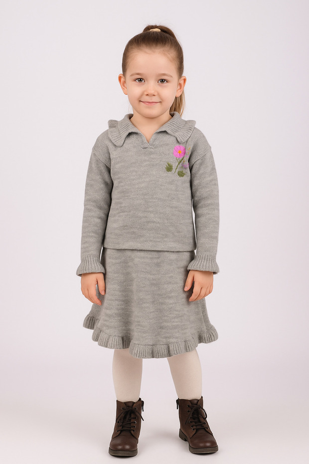 Stylish Knitwear Ruffle Detailed Shirt Collar Embroidered 2-Piece Set Gray