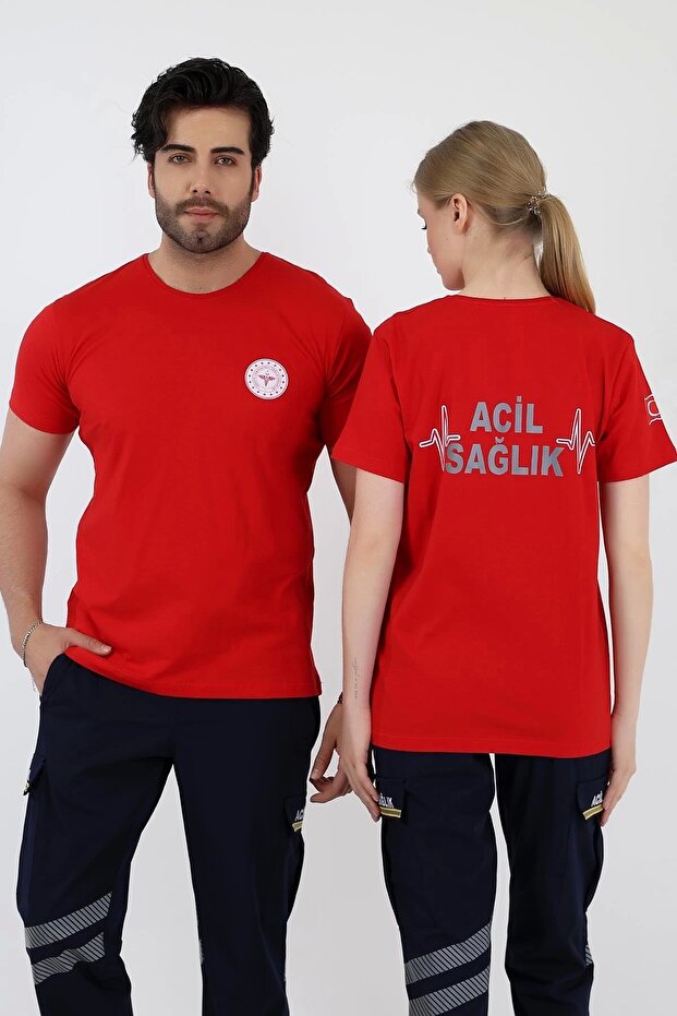 Emergency Health Round Neck Combed Cotton Short Sleeve Tshirt - Red