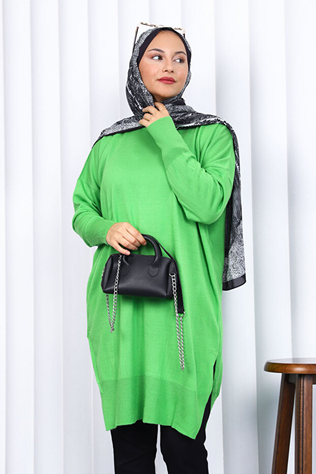 Pistachio Green Crew Neck Mercerized Loose Knitwear Tunic