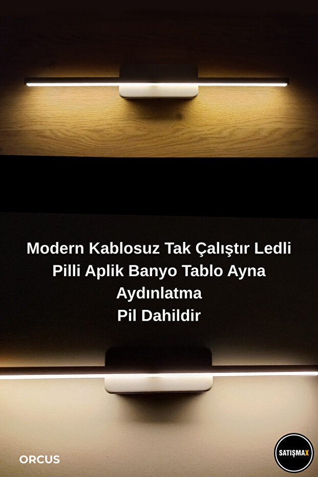 Modern Kablosuz Tak Çalıştır Ledli Pilli Aplik Banyo Tablo Ayna Aydınlatma (50CM) Gri Pil Dahildir - 3