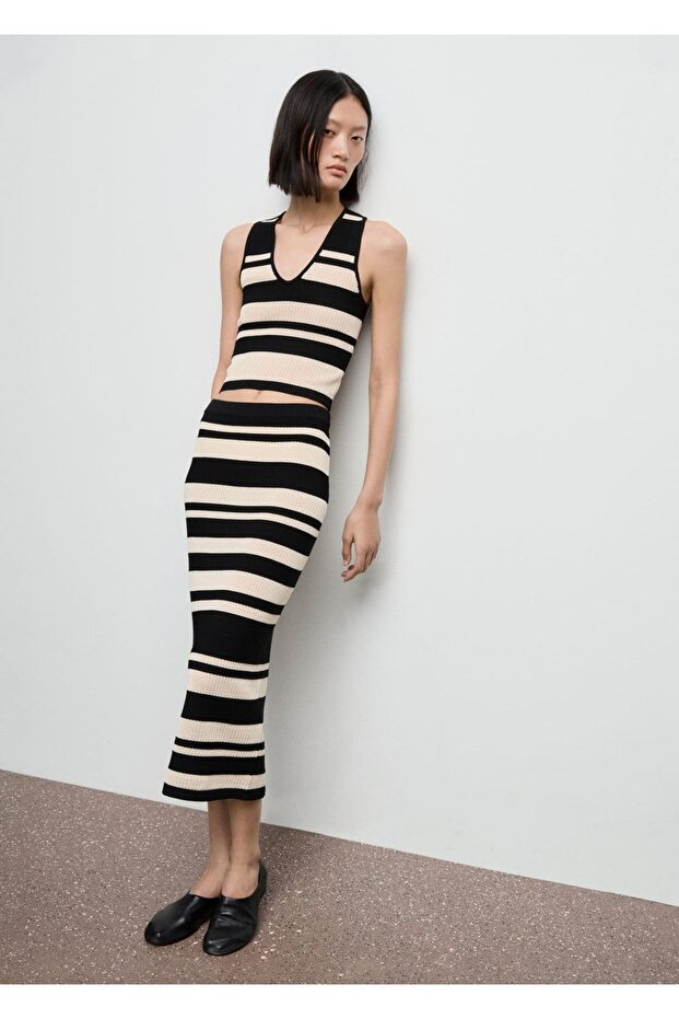 V yaka çizgili triko bluz - 2