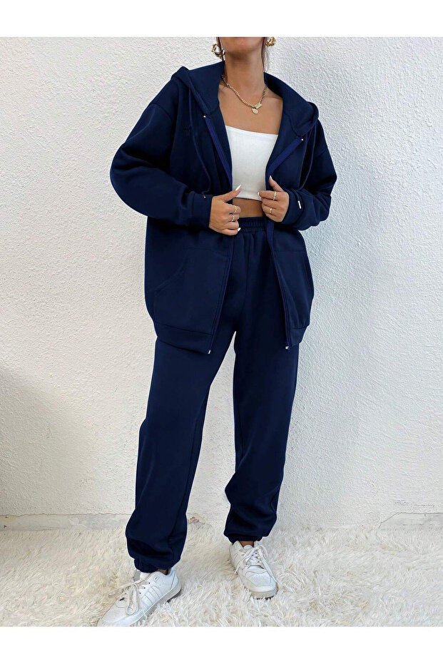 Navy Blue Hooded Zippered Thick Winter Oversize Women's Tracksuit Set