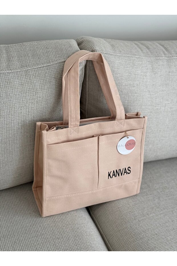 Canvas Fabric Large Shoulder Bag with Embroidered Details W32 H28