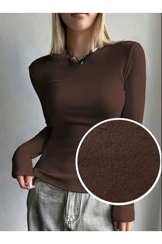 Brown Slim Fit Long Sleeve Bodysuit with Fleece Inside for Autumn and Winter Body123