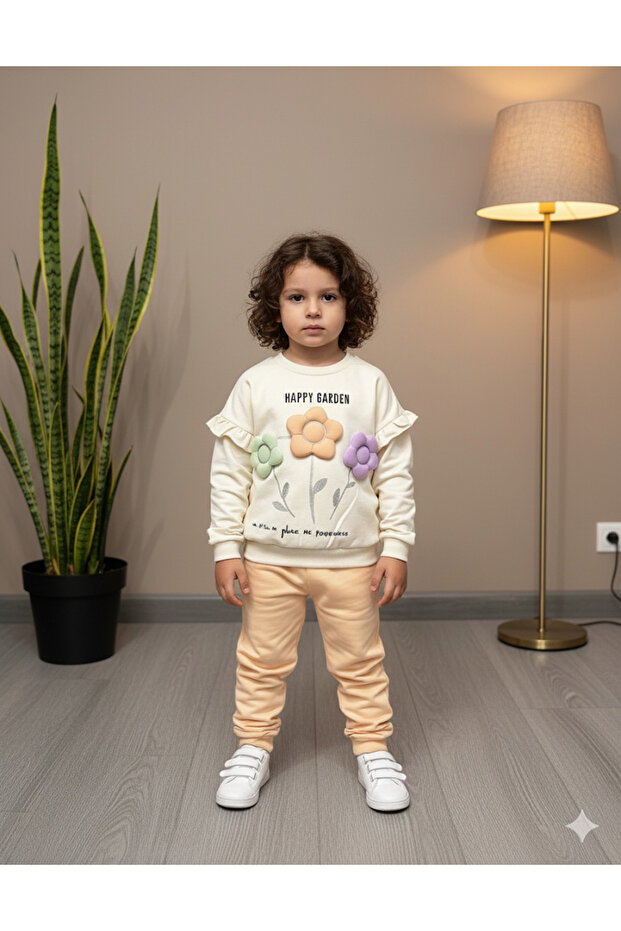 Eid Girls' Top and Bottom Set with Ruffled Sleeves, Hand Embroidery, Embossed Flower, 100% Cotton