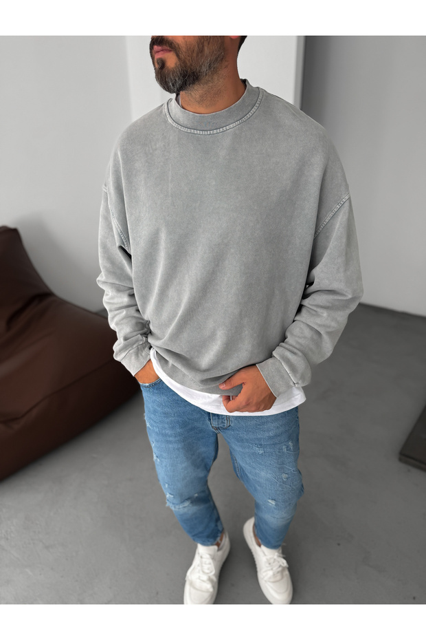 Açık Gri Yıkamalı Basic Sweatshirt DF-2065 - 4