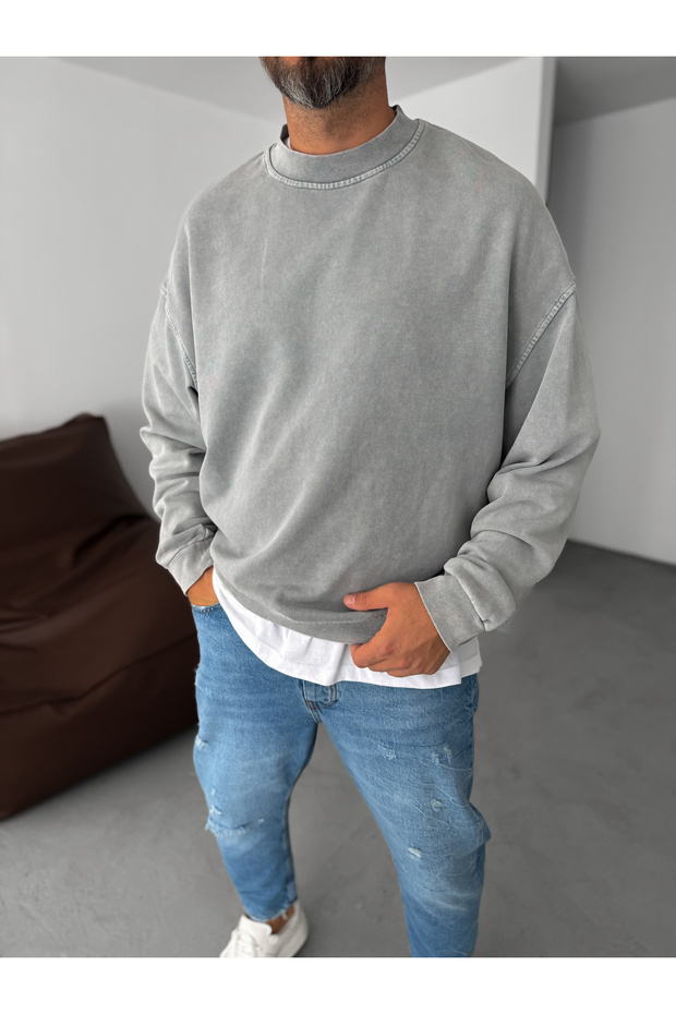Açık Gri Yıkamalı Basic Sweatshirt DF-2065 - 2