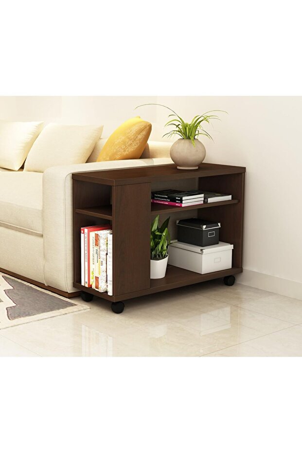 Modern Wooden Side Table with Shelves & Casters, Multifunctional End Table for Small Space, Brown