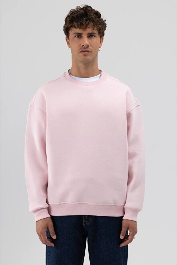 Basic Açık Pembe Unisex Oversize Premium Sweatshirt - 1