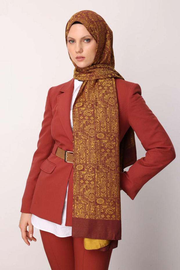 Henna Pattern Double-Sided Shawl Plum-Yellow - 1