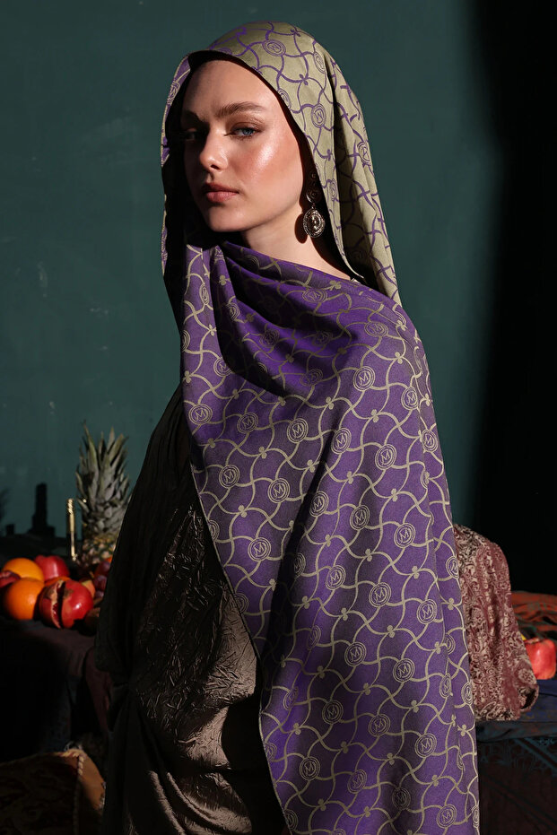 Marrakech Pattern Double-Sided Shawl Olive-Purple - 1