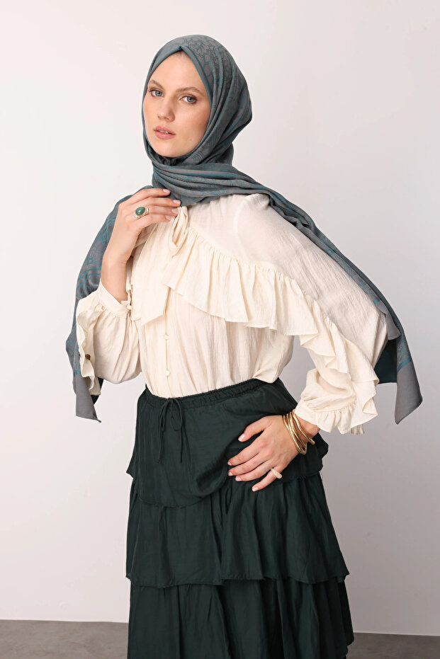 Lavin Pattern Reversible Shawl, Dark Grey-Emerald - 5