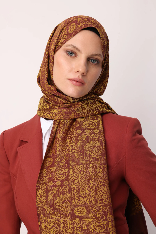 Henna Pattern Double-Sided Shawl Plum-Yellow - 7