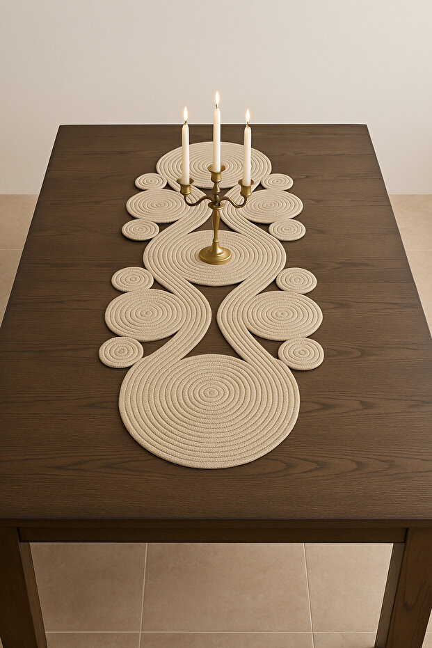 Jüt, Hasır,Sarmal Model, Dekoratif Masa Örtüsü, Runner 40x110 CM, Sehpa Örtüsü, Bohem Tarzı - 1