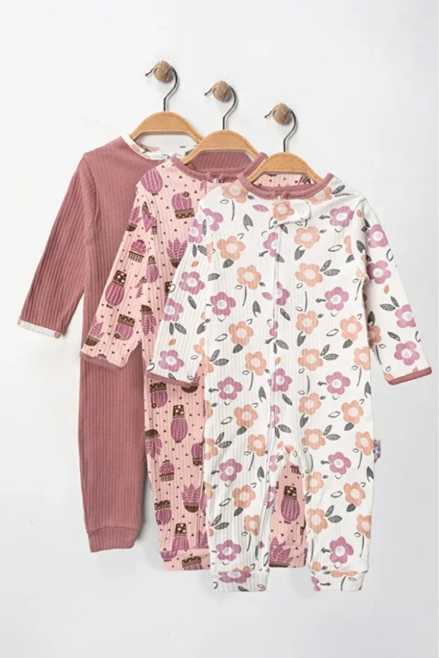 100% Cotton 9-12-18 Months Cactus Flower 3-Piece Zippered Jumpsuit with Cuffs and Without Booties (Baby Girl Boy)