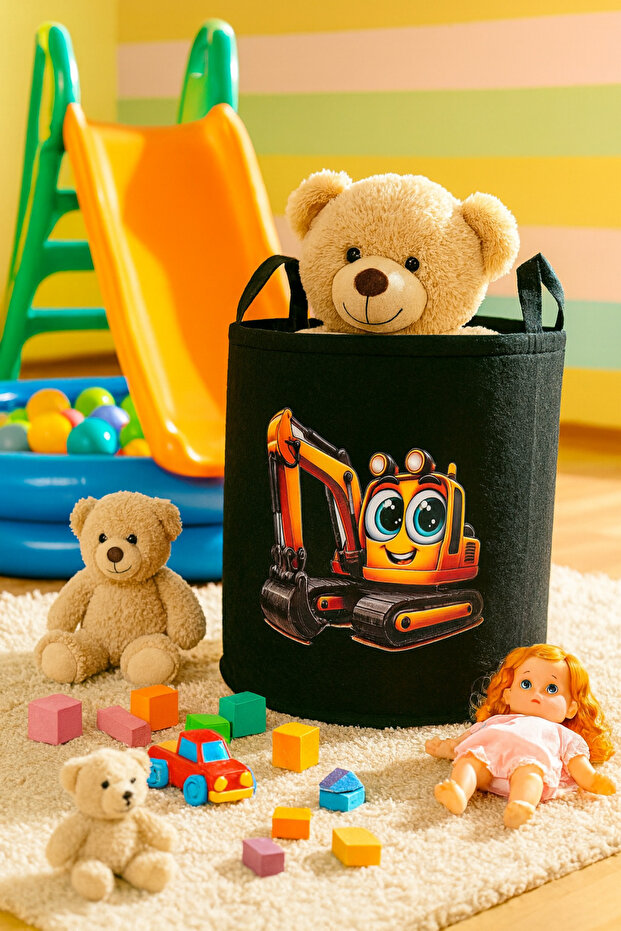 Black Felt Toy Basket - Cartoon Cartoon Pattern, Foldable with Handles, Kids Room Organizer