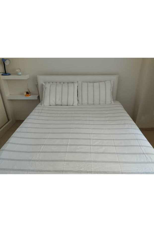 Ecru Striped Pattern Double Size Battal Size Elastic Sheet Set - 5