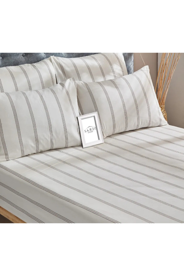 Ecru Striped Pattern Double Size Battal Size Elastic Sheet Set - 4