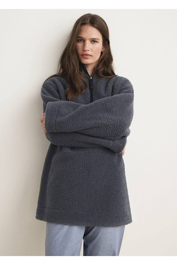 Kürklü fermuarlı sweatshirt - 1