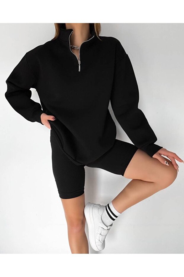 Fermuarlı Siyah Oversize Unisex Sweatshirt - 3