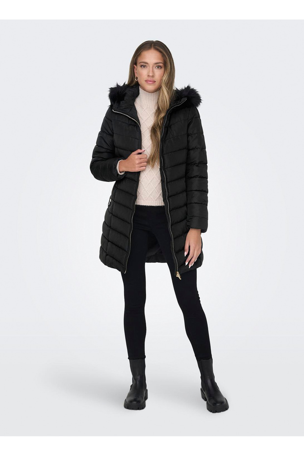 Siyah Kadın Kaban ONLELLAN QUILTED HOOD FUR COAT CC O - 2