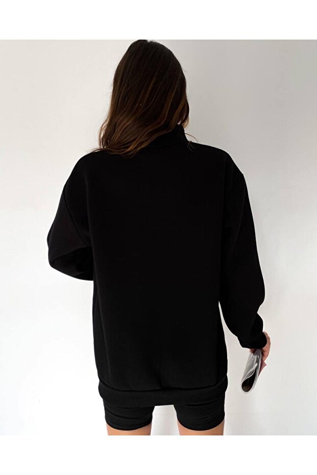Fermuarlı Siyah Oversize Unisex Sweatshirt - 4