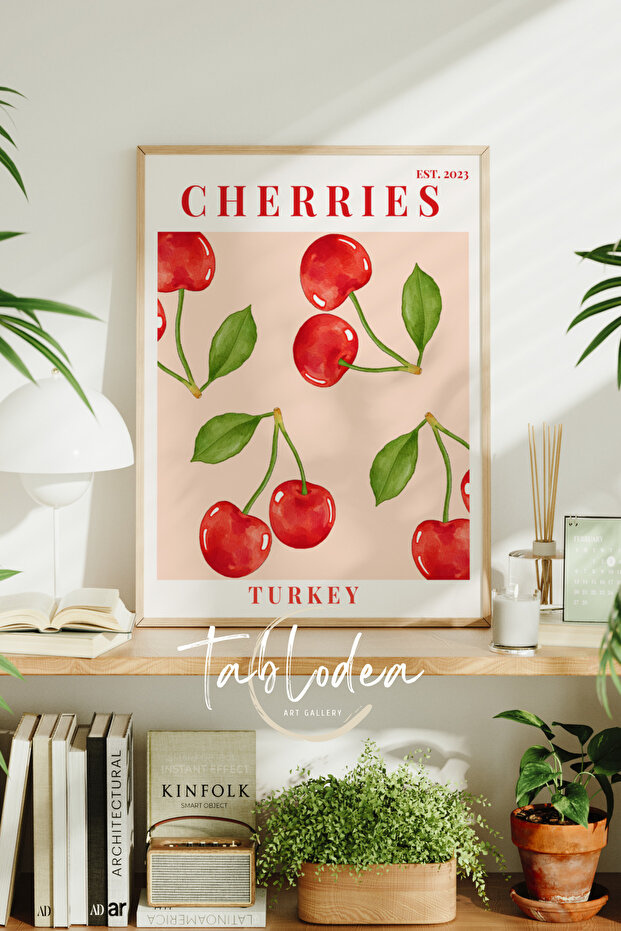Kiraz Desenli Modern Mutfak Dekoru Çerçeveli Poster Tablo, Minimalist Dekoratif Bohem Mutfak Tablosu - 1