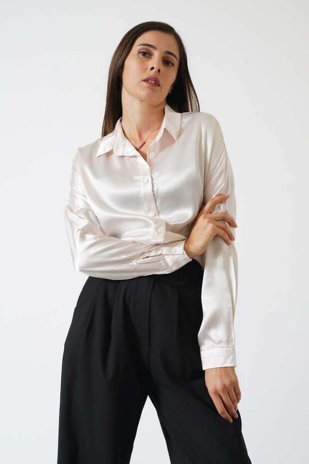 Tesra High Quality Women's Satin Shirt Beige