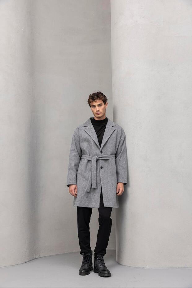 Carlo Oversize Kaşe Kumaş Fileto Cepli Kışlık Erkek Kaban - Gri - 8