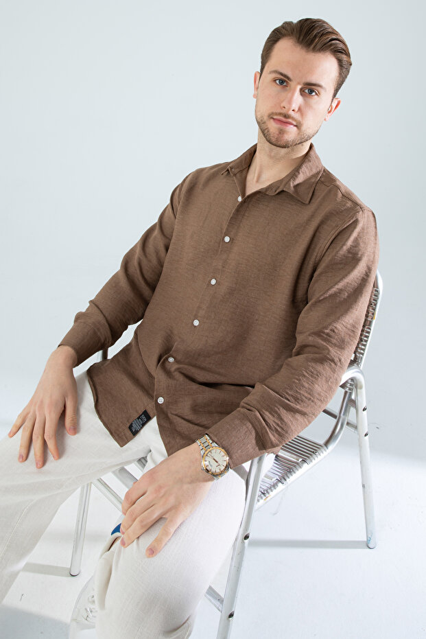 It's a New Product.Men's K Linen D Textured O Oversized S.Brown Men's Shirt